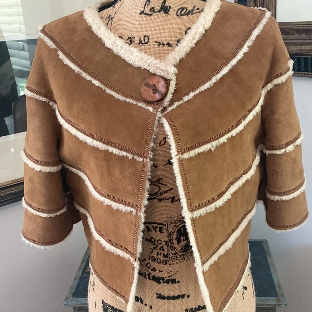 Designer Shearling Fur cropped jacket Sam Rone S 6 - Picture 2 of 10